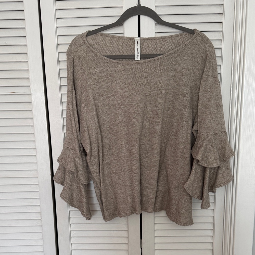 Vanilla Bay Heathered Ruffle Sleeve Blouse - Taupe